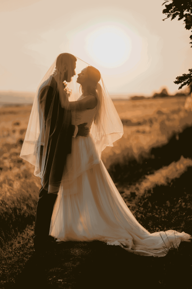 bride and groom on a sunset in open air field